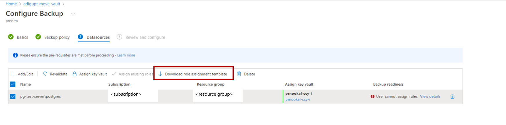 Screenshot, der die Option zum Herunterladen einer Rollenzuweisungsvorlage zeigt.