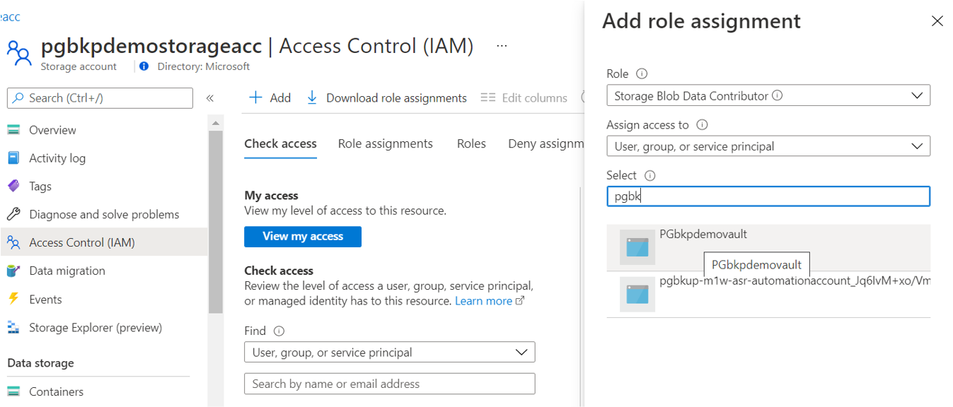 Screenshot der Auswahl zum Hinzufügen einer Rollenzuweisung im Azure-Portal.
