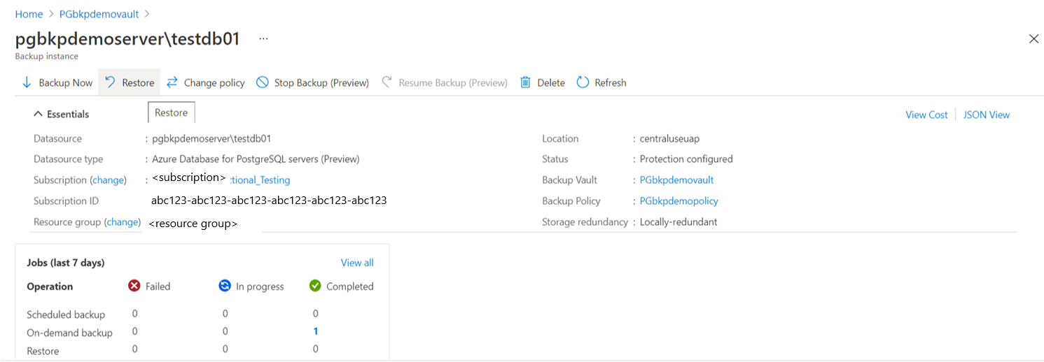 Screenshot mit Details zu einer Sicherungsinstanz.