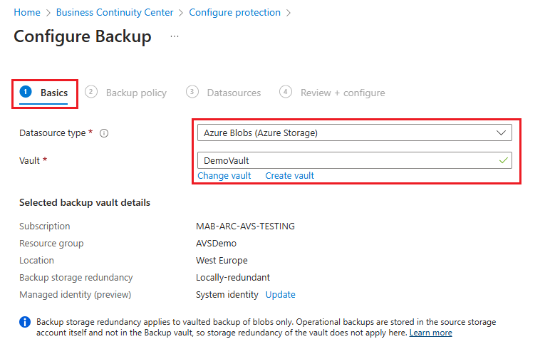 Screenshot zeigt, wie man den Typ der Datenquelle auswählt, um ein gesichertes Blob-Backup zu initiieren.