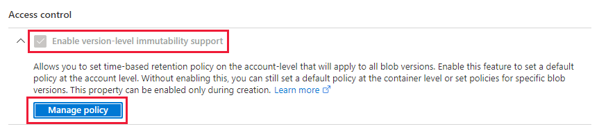 Screenshot: Verwalten der standardmäßigen Unveränderlichkeitsrichtlinie auf Versionsebene für ein Speicherkonto 