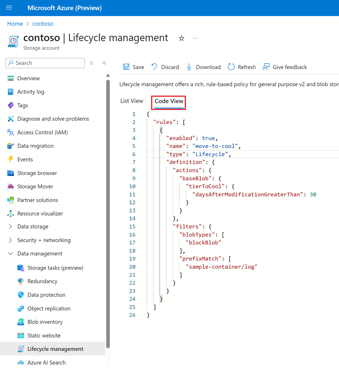 Screenshot mit JSON auf der Registerkarte 