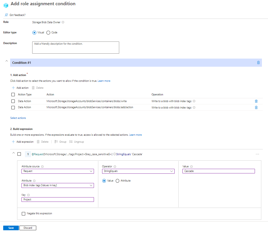 Screenshot: Bedingungs-Editor im Azure-Portal mit der Bedingung, dass neue Blobs ein Blobindextag enthalten müssen.