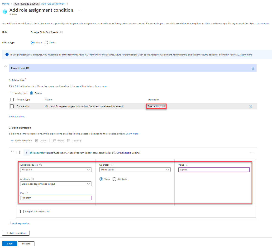Screenshot der Bedingung 1: Editor im Azure-Portal mit Lesezugriff auf Blobs mit einem Blobindextag und einem Pfad.
