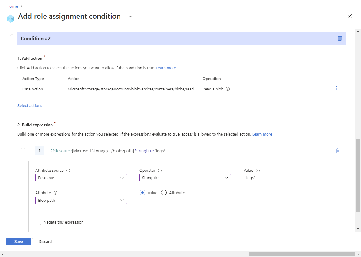 Screenshot der Bedingung 2 im Editor im Azure-Portal mit Lesezugriff auf Blobs mit einem Blobindextag und einem Pfad