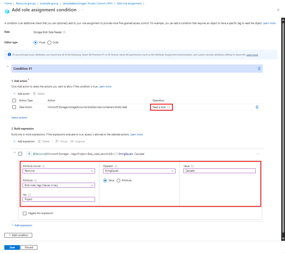 Screenshot des Bedingungs-Editors im Azure-Portal mit Lesezugriff auf Blobs mit einem Blobindextag