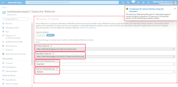 Abbildung der Eigenschaften der statischen Website im Azure-Portal