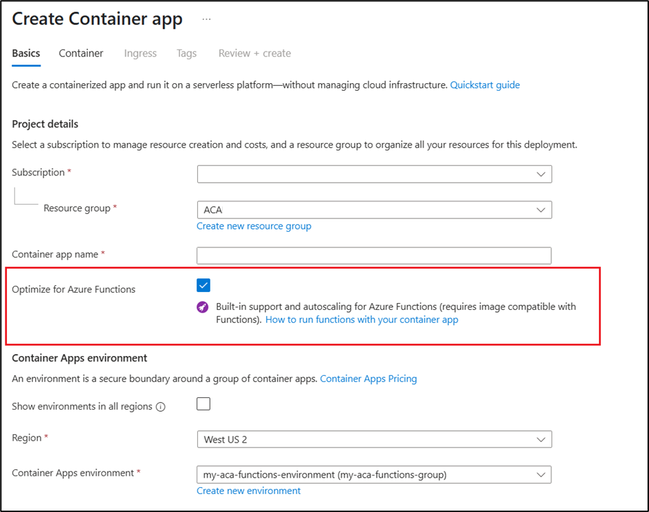 Screenshot of the Azure portal when you create a container app pre-configured for Azure Functions.