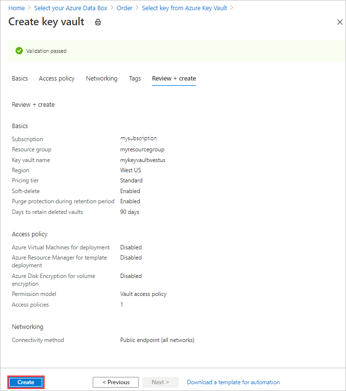 Screen capture of the New Azure Key Vault review screen in the Data Box export order's Security tab.
