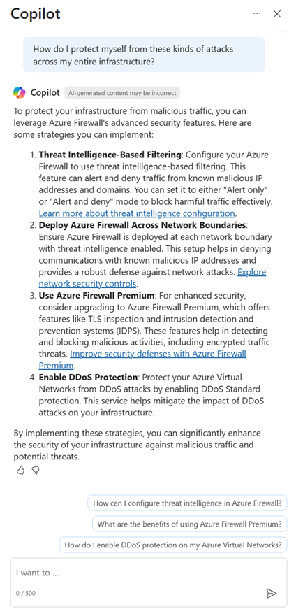 Screenshot showing the generated recommendations to secure your environment using Azure Firewall's IDPS feature capability.