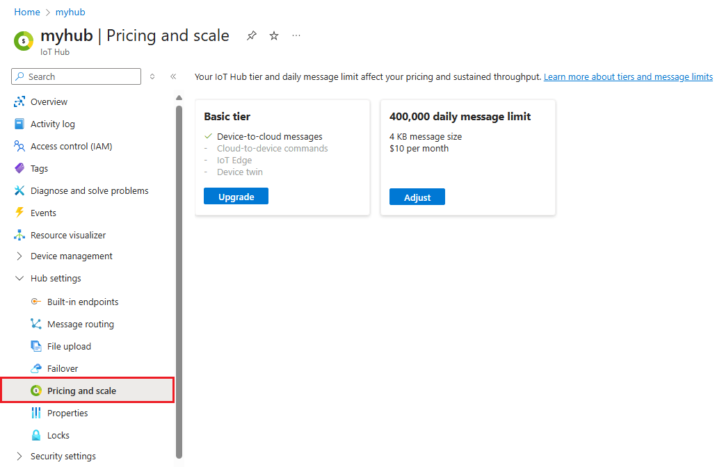 Screenshot that shows the pricing and scale page for an IoT hub.