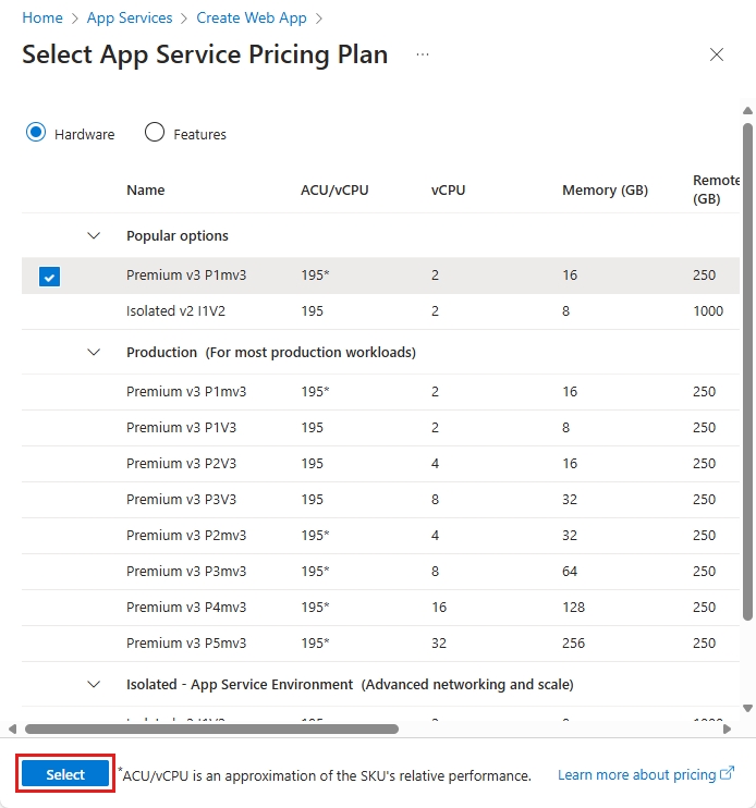 Screenshot of the App Service plan options.
