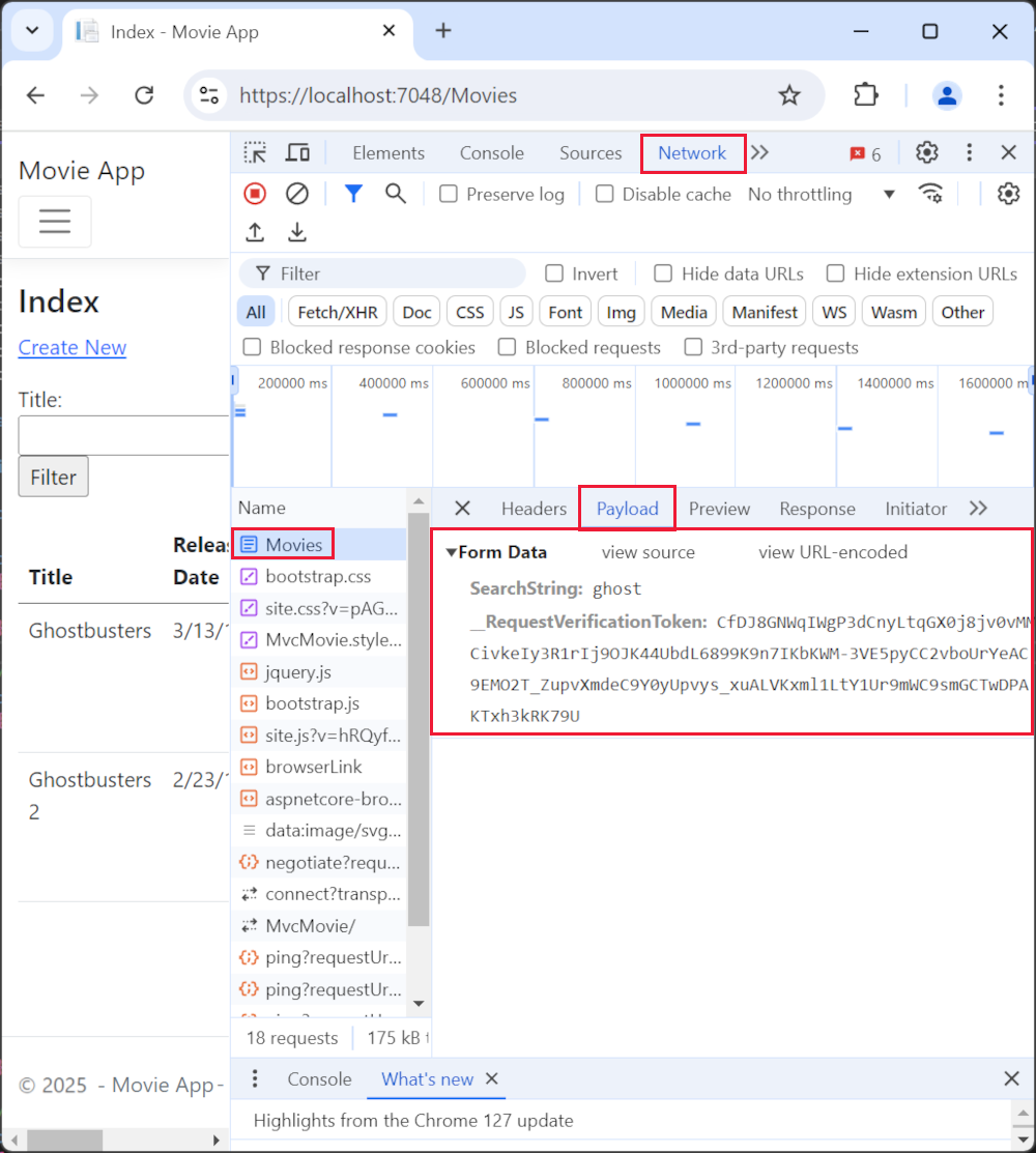 Network and Payload tabs of Chrome browser Developer Tools showing form data
