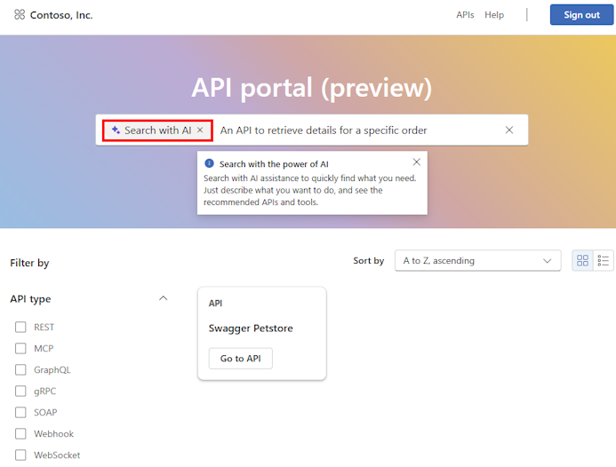 Screenshot of semantic search results in API Center portal.