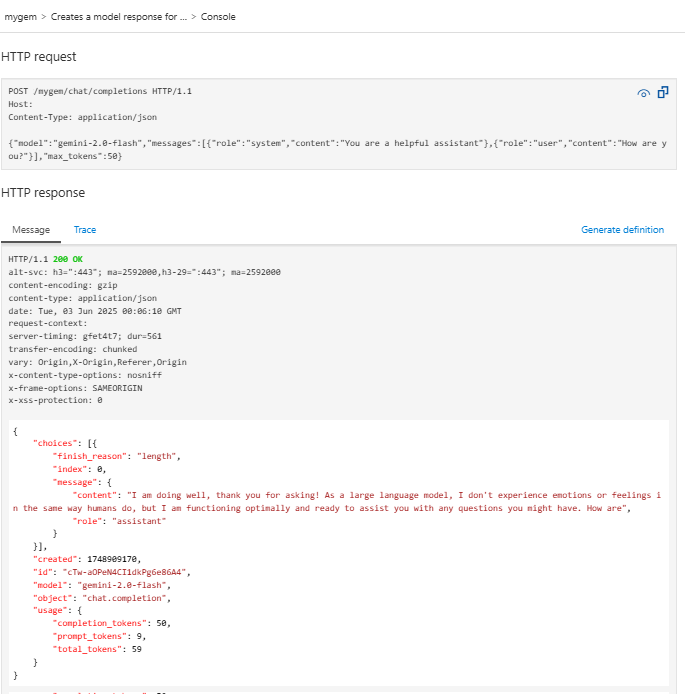 Screenshot of testing a Gemini LLM API in the portal.