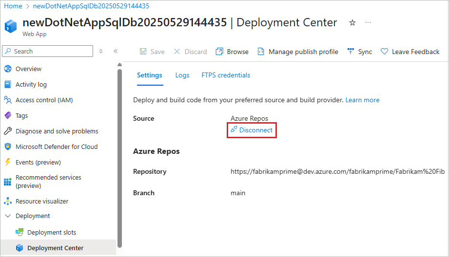 Screenshot that shows you how to disconnect your cloud folder sync with your App Service app in the Azure portal.