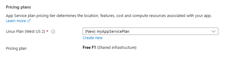 Screenshot of the App Service plan options.