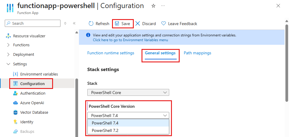 Screenshot of how to set the desired PowerShell version for a function app in the Azure portal.