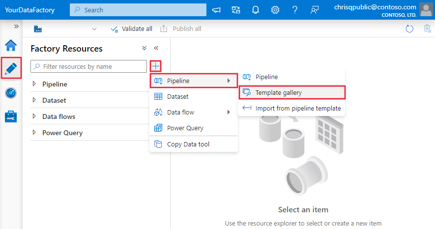 Screenshot that shows selections for opening the template gallery in Azure Data Factory Studio.