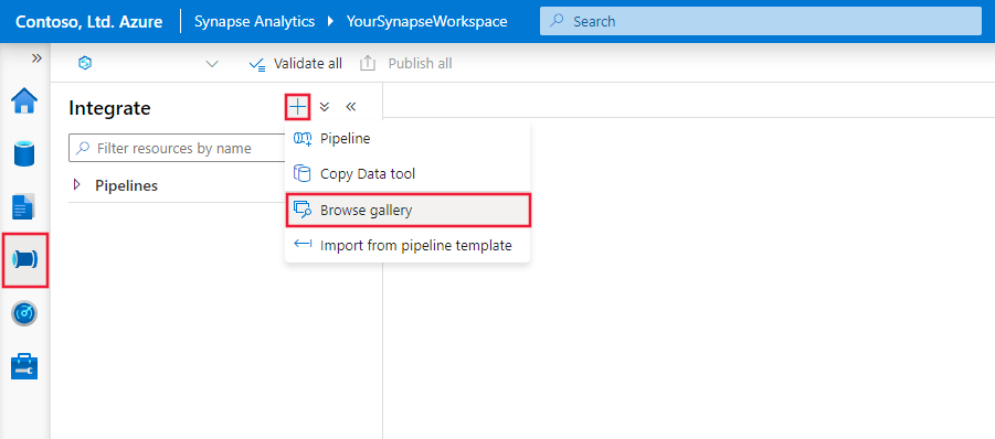 Screenshot that shows selections for opening the template gallery in Azure Synapse Analytics Studio.