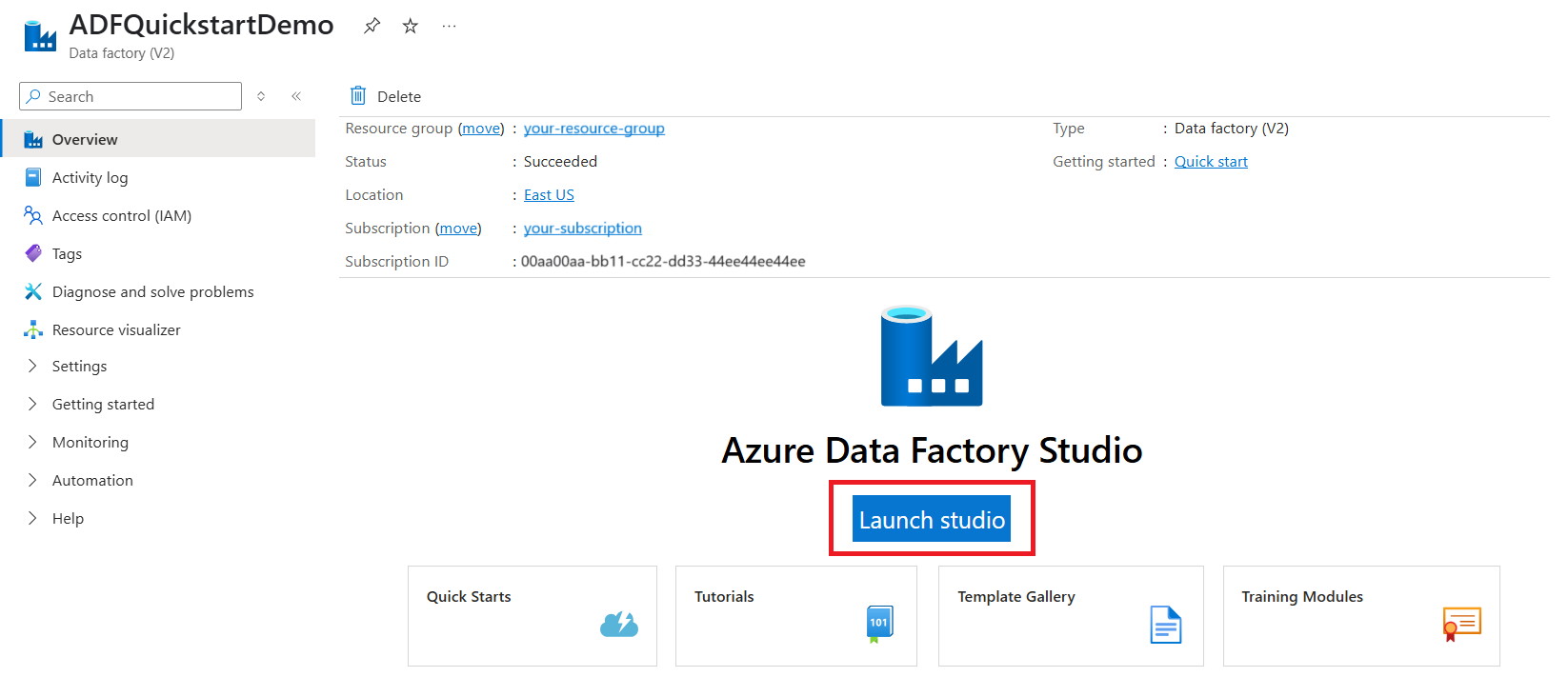 Screenshot of the home page for a data factory in the Azure portal, with the button for opening Azure Data Factory Studio highlighted.