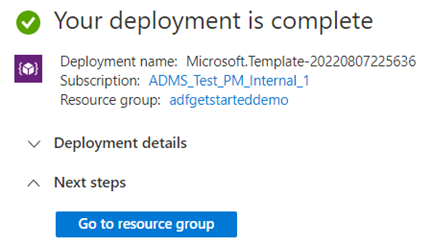 Screenshot of the Azure portal page that shows successful deployment of the demo template.