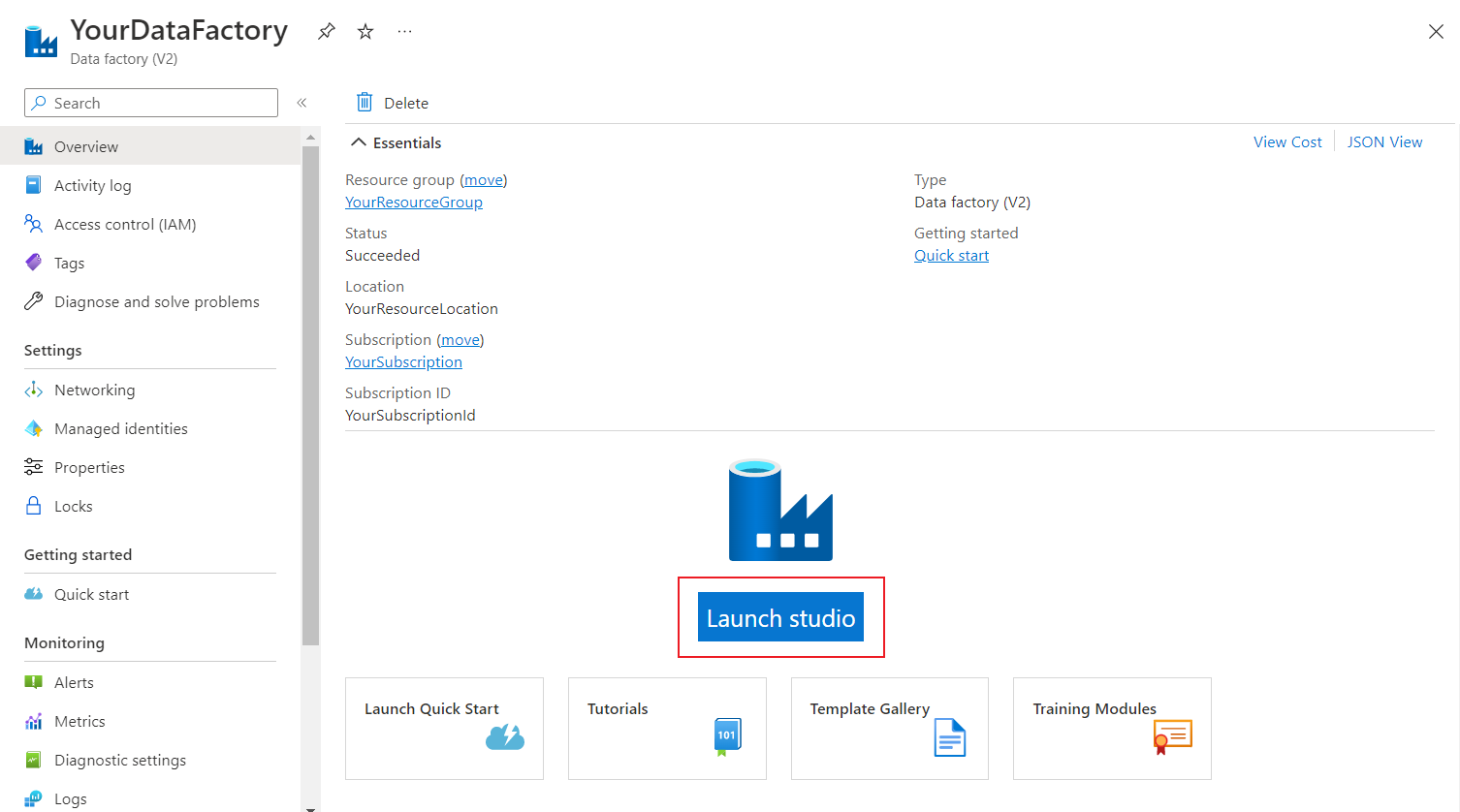 Screenshot of the Azure portal that shows details for the newly created data factory, with the button for opening Azure Data Factory Studio highlighted.