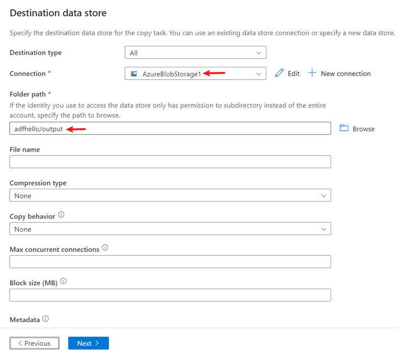 Screenshot that shows settings for a destination data store.
