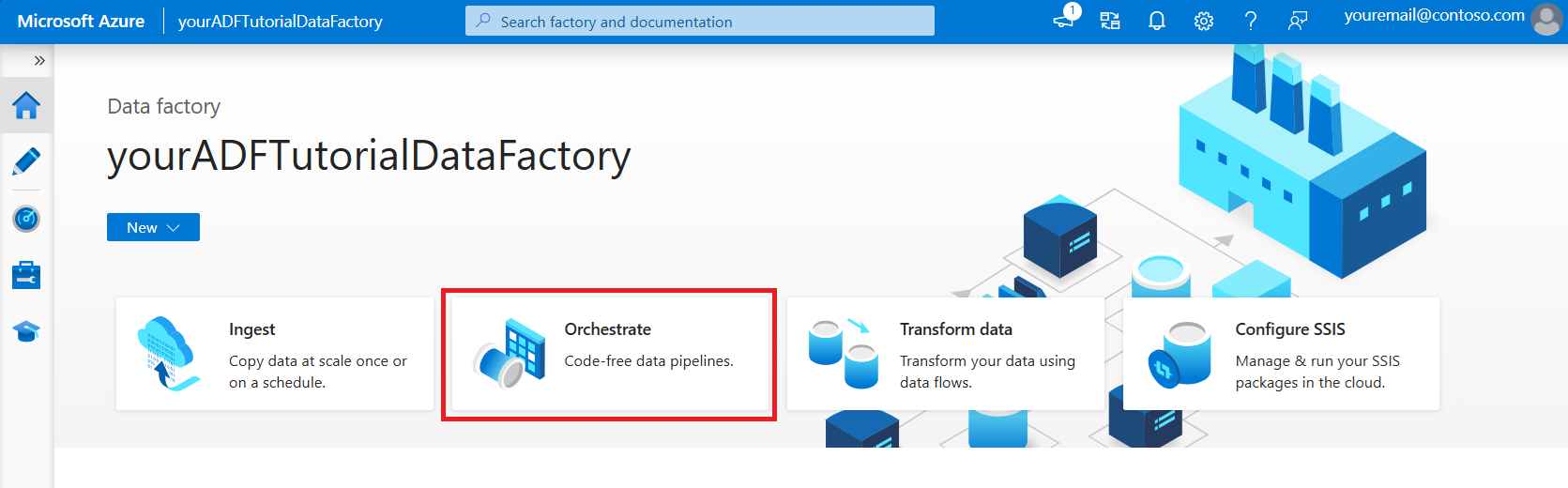 Screenshot that shows the Azure Data Factory home page.