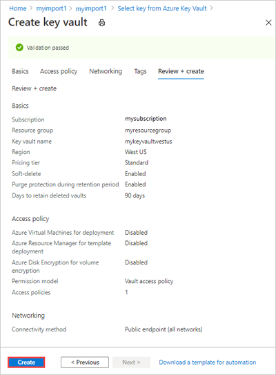 A screen capture showing the creation of an Azure Key Vault with custom settings.