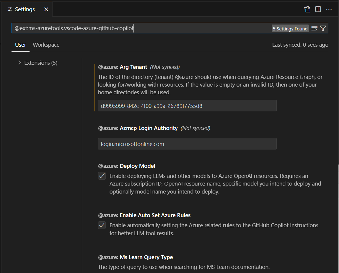 Screenshot that shows the Settings tab with an option to set the Azure Resource Graph tenant.