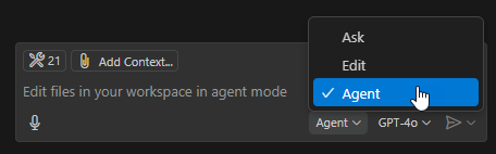 Screenshot that shows the pop-up menu in the Chat box with Agent selected.