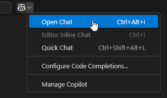 Screenshot that shows the Toggle Chat menu open and selecting the Open Chat menu option.
