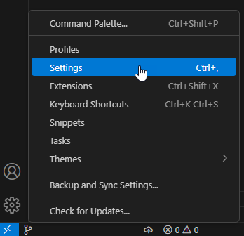 Screenshot that shows the Visual Studio Code settings menu by selecting the Manage button.
