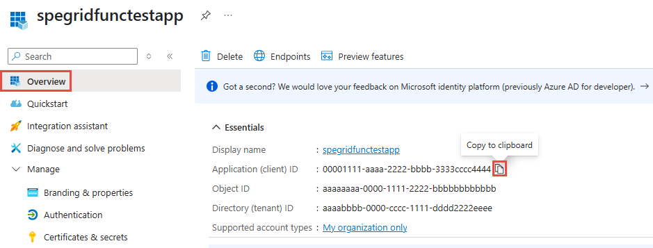 Screenshot showing the Overview page of a Microsoft Entra ID app with the application or client ID highlighted.