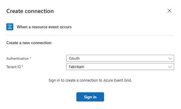 Screenshot shows the workflow designer with the sign-in prompt for Azure Event Grid.