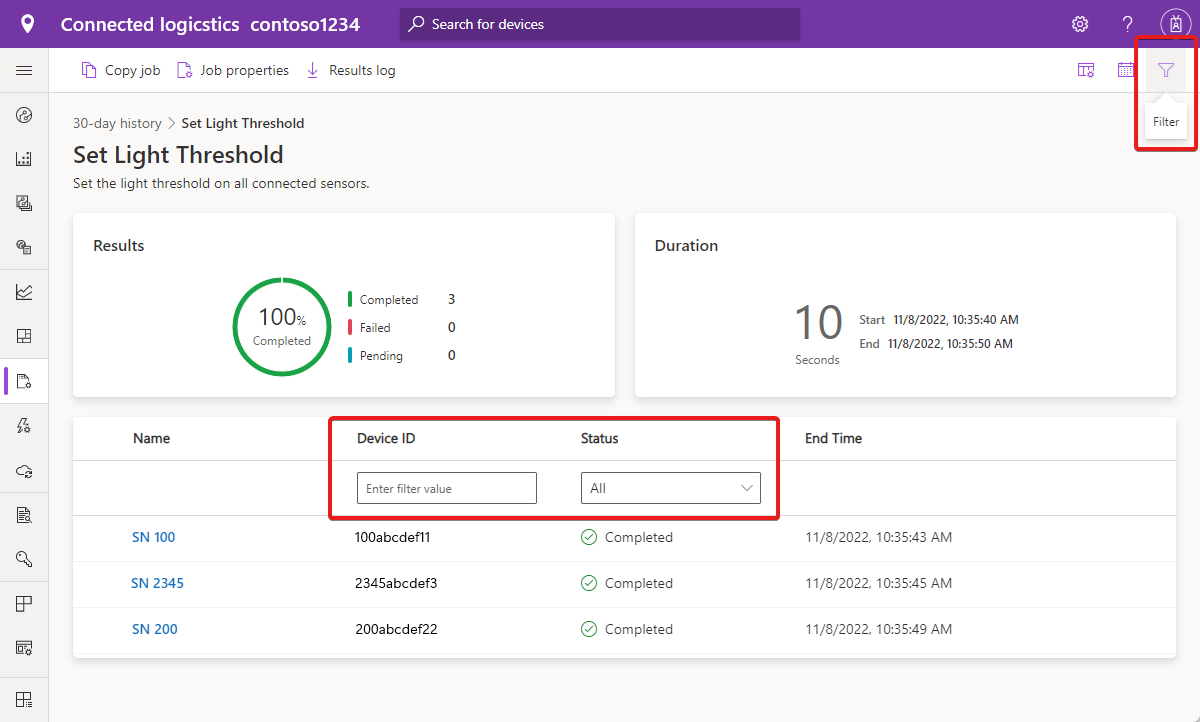 Screenshot that shows the options for filtering a job device list.