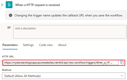 Screenshot shows Standard workflow, Request trigger, and generated callback URL for endpoint.