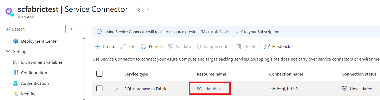 Screenshot of the Azure portal, selecting SQL Database link to navigate to the Fabric portal.