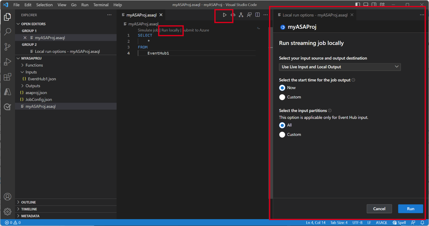 Screenshot of VS Code extension selecting "Run locally" in the query editor.
