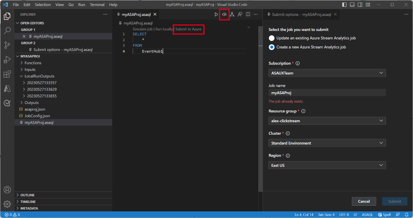 Screenshot of VS Code extension submitting job to Azure.