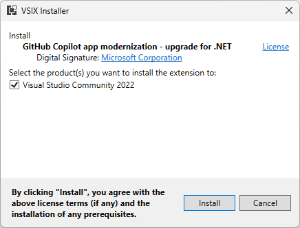 A prompt to install the GitHub Copilot App Modernization extension.