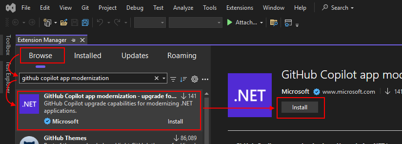 The manage extensions window in Visual Studio, showing GitHub Copilot app modernization.