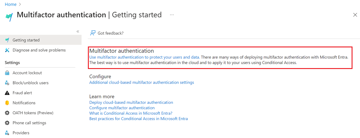 Screenshot that shows how to configure the MFA settings.