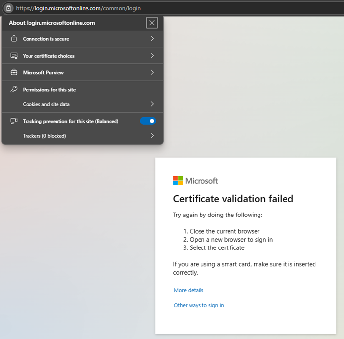 Screenshot that shows the Microsoft Edge browser certificate choice.