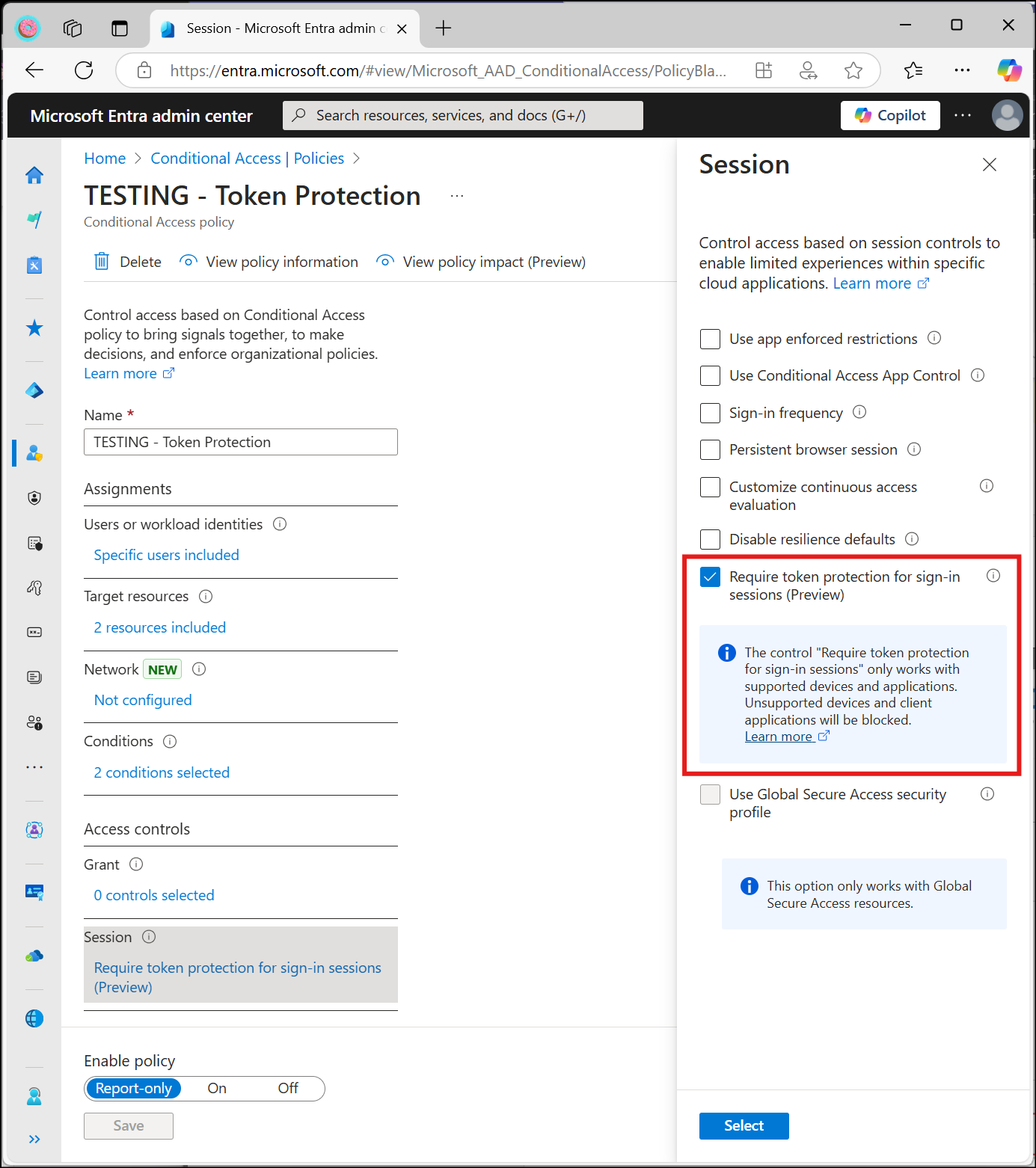 Screenshot of a Conditional Access policy requiring token protection as the session control.