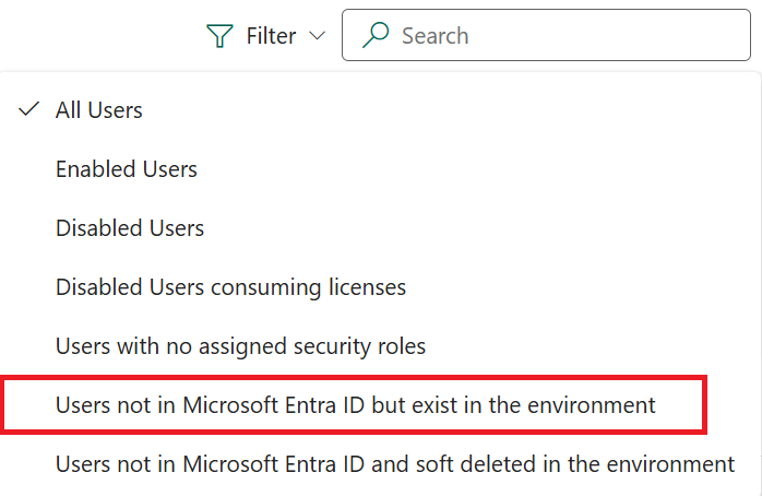 Select Filter from the top menu for users in Entra.