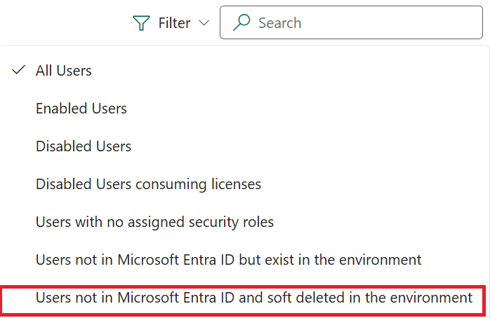 Select Filter from the top menu for users not in Entra.