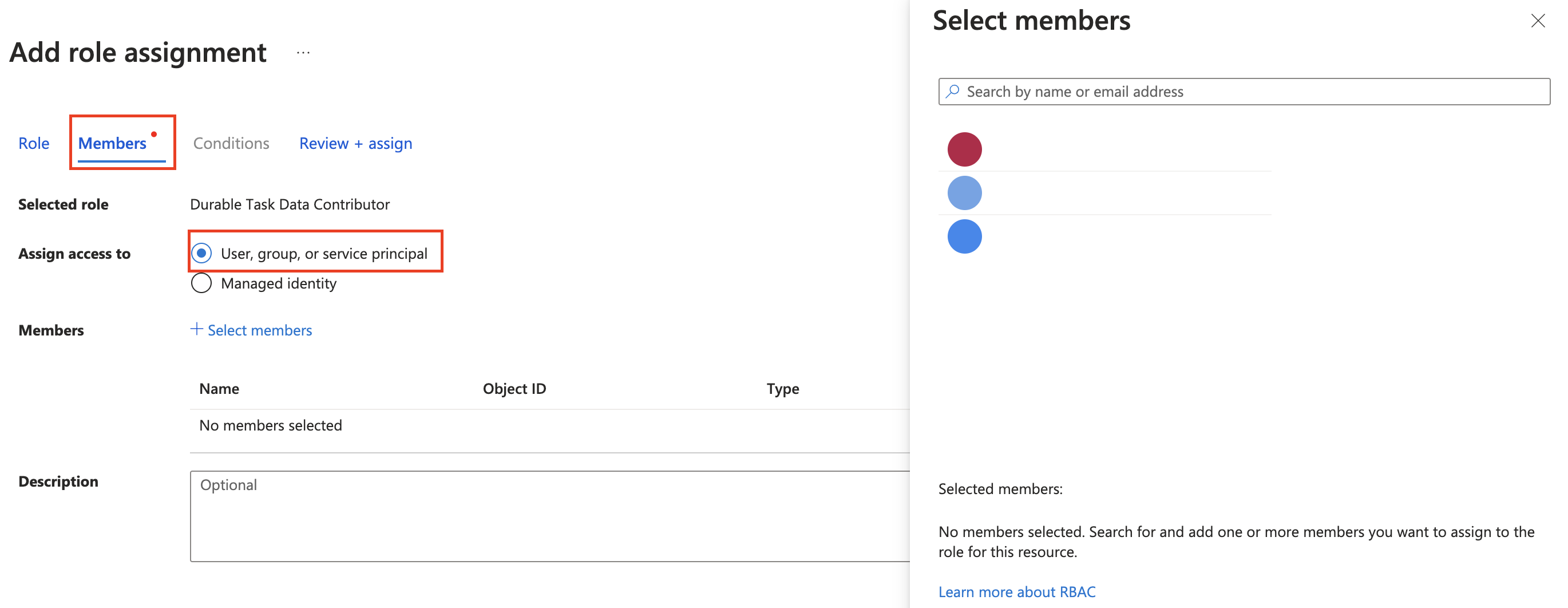 Screenshot of selecting the user-assigned managed identity type in the portal.