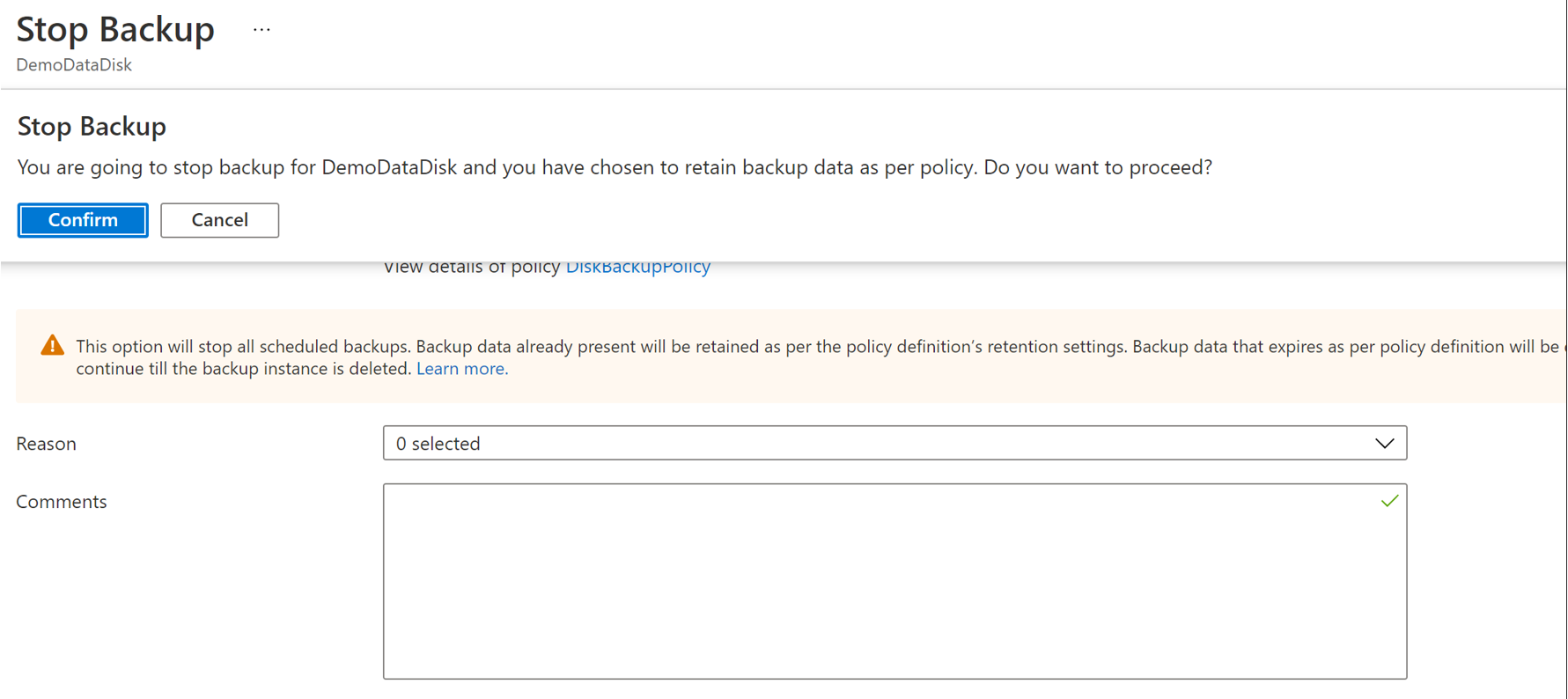 Screenshot showing the options for backup instance retention to be selected.